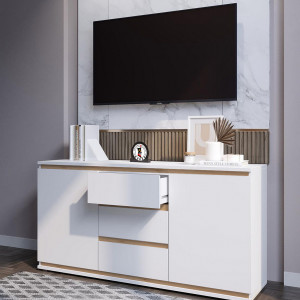 Комод на 3 шухляди та дверцятами K0006 1502х390х759 мм Білий/Дуб Крафт Золотий планки