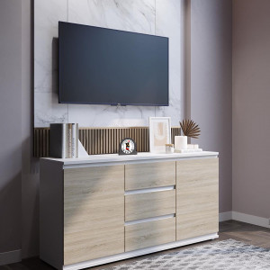 Комод на 3 шухляди та дверцятами K0006 1502х390х759 мм Білий/Дуб Сонома