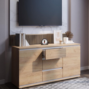 Комод на 3 шухляди та дверцятами K0006 1502х390х759 мм Дуб Крафт Золотий/Білі планки