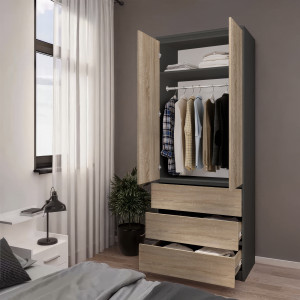 Шафа зі штангою та шухлядами для одягу T-211 803х502х2117 мм Антрацит/Дуб Сонома Шафа зі штангою та шухлядами для одягу T-211 803х502х2117 мм Антрацит/Дуб Сонома