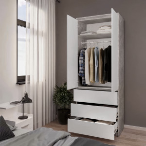 Шафа зі штангою та шухлядами для одягу T-211 803х502х2117 мм Бетон/Білий