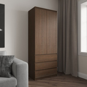 Шафа для одягу з полицями на 3 висувних шухляди, фасади без ручок R-16 802/500/2100 Венге Темний 