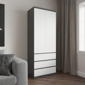 Шафа для одягу з полицями на 3 висувних шухляди, фасади без ручок R-16 802/500/2100 Антрацит-Білий фасад 