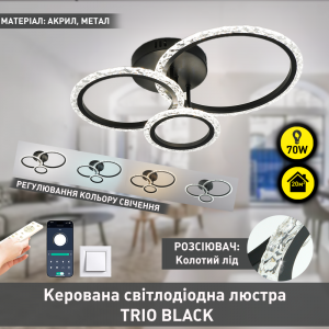 Люстра стельова світлодіодна на кухню та у вітальню TRIO 70 Вт 510x380x107мм Чорна