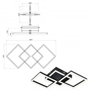 Смарт люстра керована світлодіодна SQUARE 3S 90 Вт 887x420x135 мм Чорна на кухню, для спальні, для вітальні
