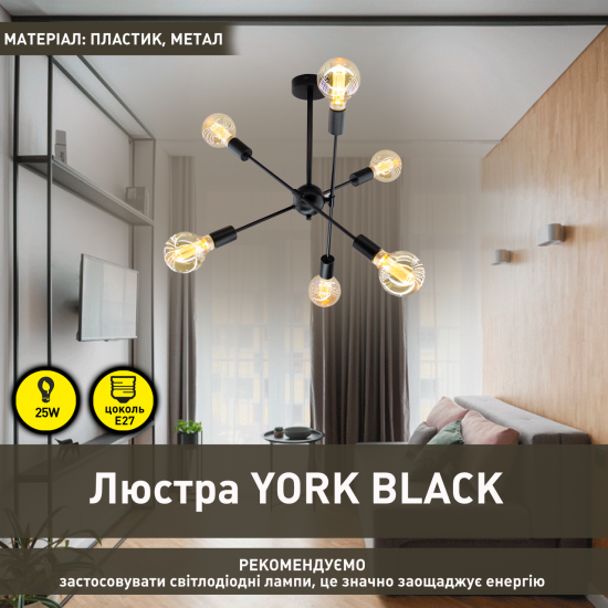 Люстра на 6 ламп ESLLSE YORK 6xE27 R 510x380мм Чорна Зображення №1 Люстра на 6 ламп ESLLSE YORK 6xE27 R 510x380мм Чорна фото № 1