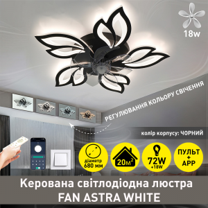 Керована світлодіодна люстра з вентилятором FAN ASTRA 85W+18W 5F 680×120мм Чорна