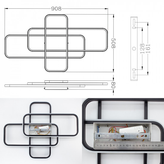 Керована світлодіодна СМАРТ люстра ESLLSE SVEN 3SQ 90 Вт 635x478x75 мм Чорно-біла  фото № 5
