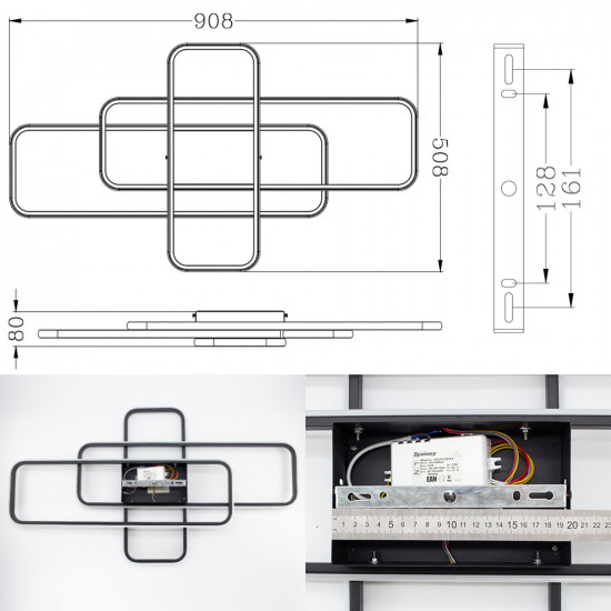 Керована світлодіодна СМАРТ люстра ESLLSE SVEN 3SQ 105 Вт 908x508x80 мм Чорна  фото № 4