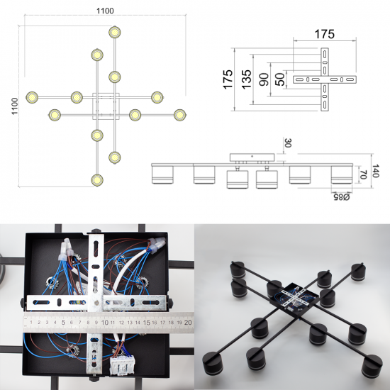 Люстра ESLLSE GELA 12R 1020x1020x140 мм Чорна на 12 ламп GX53 на кухню, для спальні, для вітальні  фото № 4